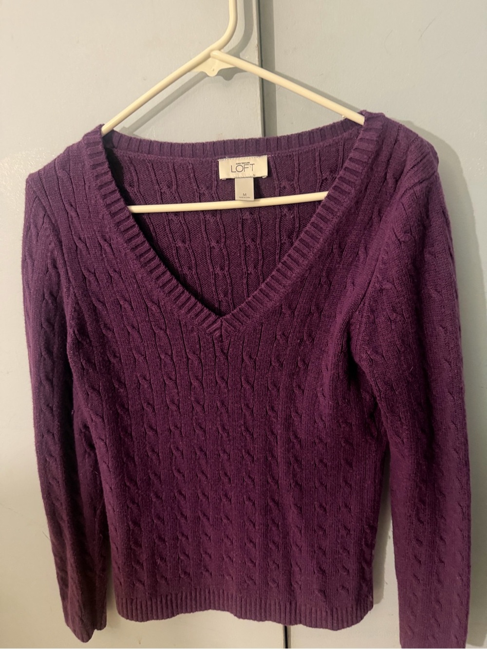 LOFT Purple Cable Knit V-Neck Sweater